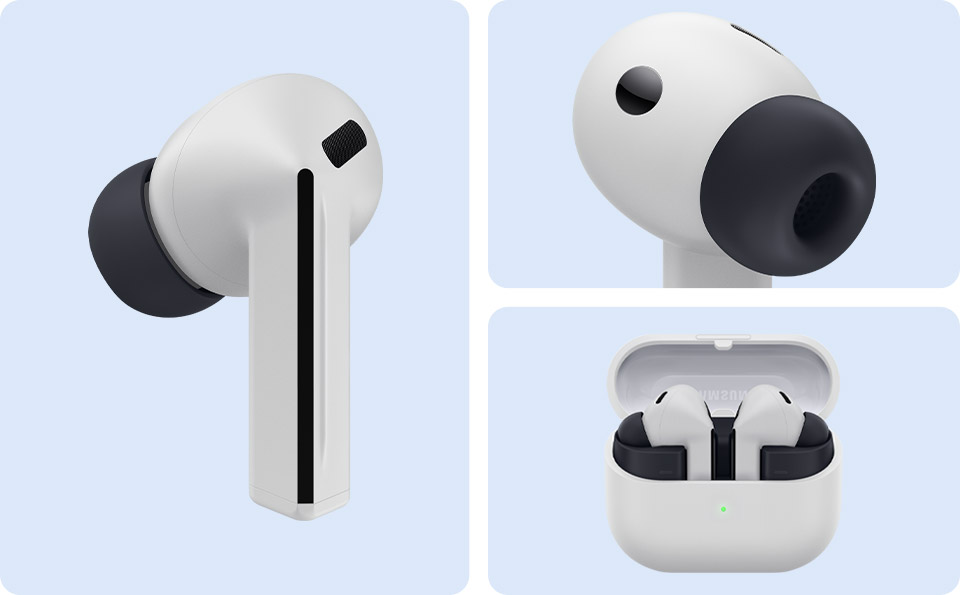 Słuchawki bezprzewodowe Samsung Galaxy Buds3 FE szare przedstawione z trzech perspektyw